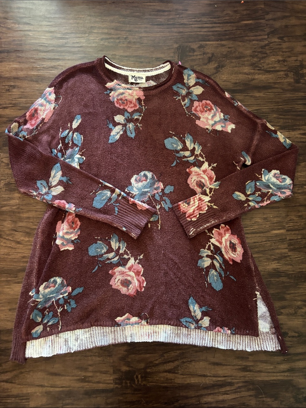 Show Me Your MuMu Burgundy Floral Crewneck Sweater with Pink & Blue Roses